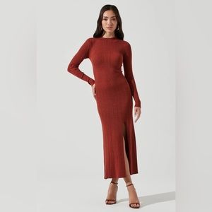 ASTR LONG SLEEVE HI SLIT MIDI SWEATER DRESS BNWOT L LARGE RUST